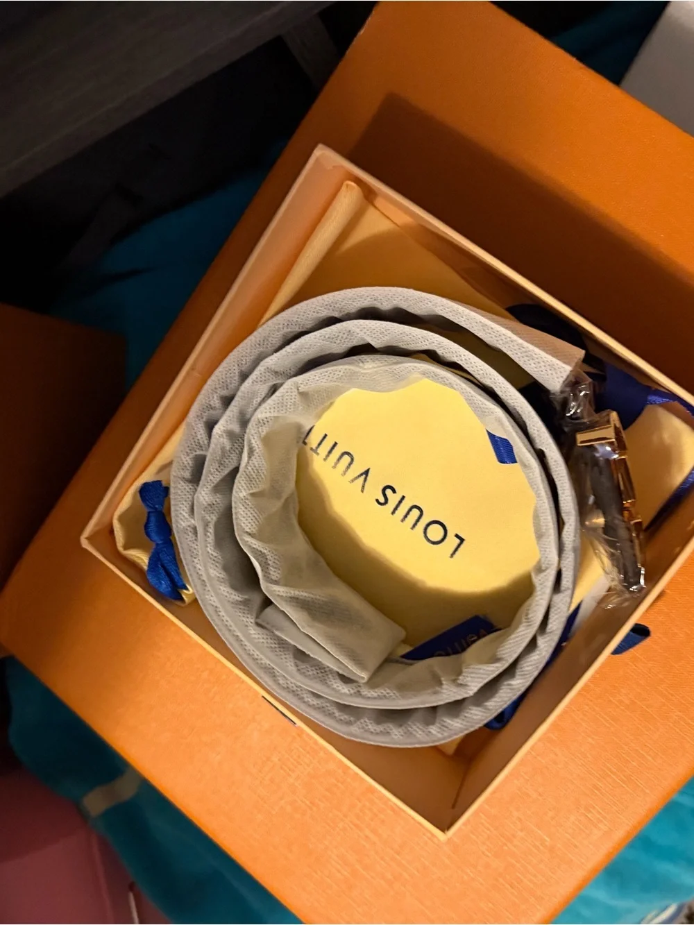 Louis Vuitton Yellow and Blue Men's Belt with Gold Buckle